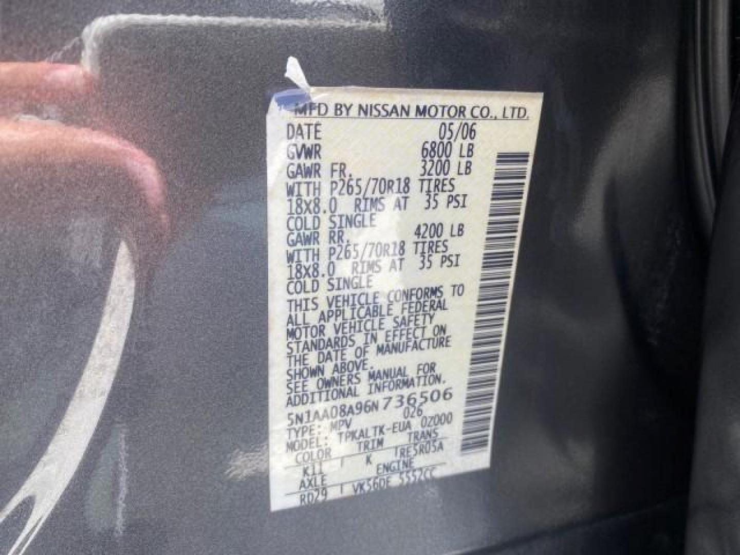 2006 Smoke Metallic /Graphite/Titanium Nissan Armada SE 21 SERVICES NO ACCIDENTS (5N1AA08A96N) with an 5.6L DOHC 32-Valve Endurance V8 Engine engine, Automatic transmission, located at 4701 North Dixie Hwy, Pompano Beach, FL, 33064, (954) 422-2889, 26.240938, -80.123474 - OUR WEBPAGE FLORIDACARS1.COM HAS OVER 100 PHOTOS AND FREE CARFAX LINK 2006 NISSAN ARMADA SE VIN: 5N1AA08A96N736506 5 N 1 A A 0 8 A 9 6 N 7 3 6 5 0 6 4 DOOR WAGON/SPORT UTILITY 5.6L V8 F DOHC 32V GASOLINE REAR WHEEL DRIVE Top Features Alloy Wheels Cloth Seats Fold-Away Third Row Parking Sensors Rear - Photo#59