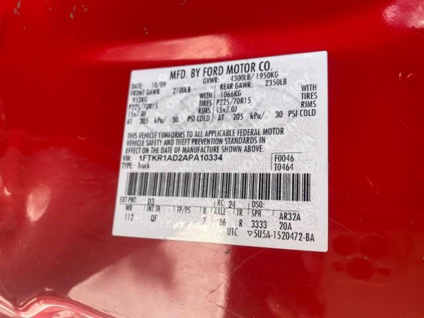 2010 Torch Red /Medium Dark Flint Ford Ranger XL LOW MILES 45,669 4 CYL 5 SPD (1FTKR1AD2AP) with an 2.3L DOHC 16-Valve I4 Engine engine, Manual transmission, located at 4701 North Dixie Hwy, Pompano Beach, FL, 33064, (954) 422-2889, 26.240938, -80.123474 - OUR WEBPAGE FLORIDACARS1.COM HAS OVER 100 PHOTOS AND FREE CARFAX LINK 2010 FORD RANGER XL VIN: 1FTKR1AD2APA10334 1 F T K R 1 A D 2 A P A 1 0 3 3 4 PICKUP 2.3L I4 F DOHC 16V GASOLINE REAR WHEEL DRIVE Features ABS Brakes Air Conditioning AM/FM Stereo Manual Transmission Side Airbags Tow Hitch Traction - Photo#54