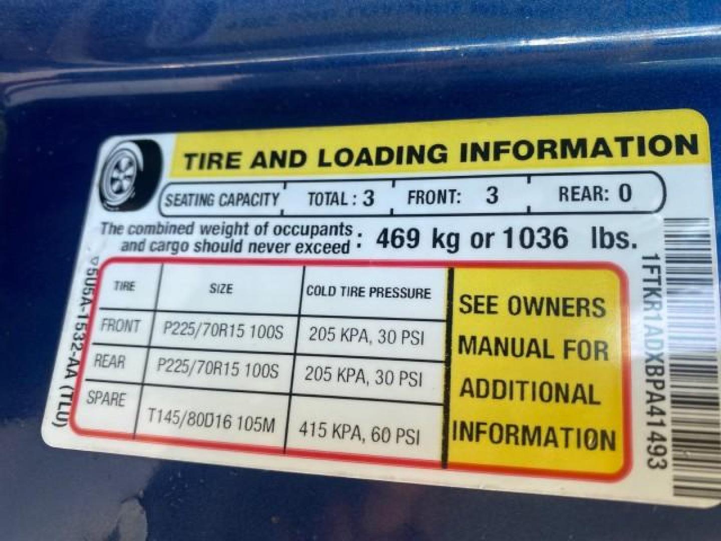 2011 Vista Blue Metallic /Medium Dark Flint Ford Ranger XL LOW MILES 22,154 1 OWNER (1FTKR1ADXBP) with an 2.3L DOHC 16-Valve I4 Engine engine, Automatic transmission, located at 4701 North Dixie Hwy, Pompano Beach, FL, 33064, (954) 422-2889, 26.240938, -80.123474 - OUR WEBPAGE FLORIDACARS1.COM HAS OVER 100 PHOTOS AND FREE CARFAX LINK 2011 FORD RANGER XL VIN: 1FTKR1ADXBPA41493 1 F T K R 1 A D X B P A 4 1 4 9 3 PICKUP 2.3L I4 F DOHC 16V GASOLINE 27 MPG REAR WHEEL DRIVE Features ABS Brakes Air Conditioning AM/FM Stereo Automatic Transmission Bed Liner Side Airbag - Photo#73