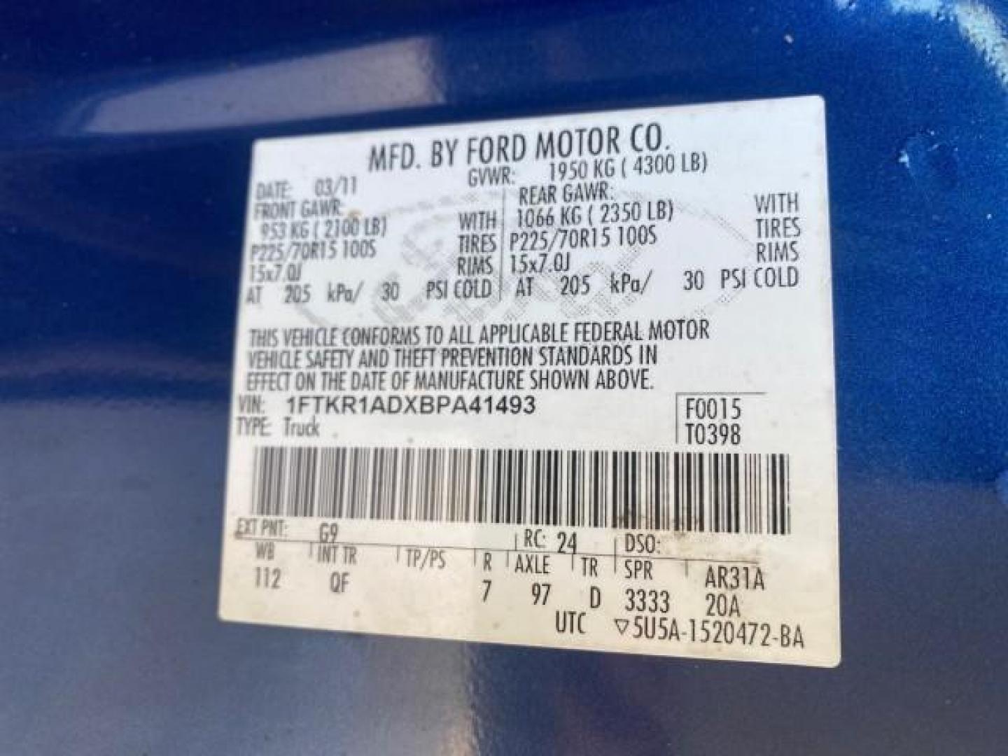 2011 Vista Blue Metallic /Medium Dark Flint Ford Ranger XL LOW MILES 22,154 1 OWNER (1FTKR1ADXBP) with an 2.3L DOHC 16-Valve I4 Engine engine, Automatic transmission, located at 4701 North Dixie Hwy, Pompano Beach, FL, 33064, (954) 422-2889, 26.240938, -80.123474 - OUR WEBPAGE FLORIDACARS1.COM HAS OVER 100 PHOTOS AND FREE CARFAX LINK 2011 FORD RANGER XL VIN: 1FTKR1ADXBPA41493 1 F T K R 1 A D X B P A 4 1 4 9 3 PICKUP 2.3L I4 F DOHC 16V GASOLINE 27 MPG REAR WHEEL DRIVE Features ABS Brakes Air Conditioning AM/FM Stereo Automatic Transmission Bed Liner Side Airbag - Photo#74
