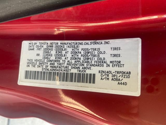 2004 Radiant Red /Charcoal Toyota Tacoma 1 OWNER AUTO AC LIKE NEW (5TENL42N54Z) with an 2.4L DOHC EFI 16-Valve I4 Engine engine, Automatic transmission, located at 4701 North Dixie Hwy, Pompano Beach, FL, 33064, (954) 422-2889, 26.240938, -80.123474 - OUR WEBPAGE FLORIDACARS1.COM HAS OVER 100 PHOTOS AND FREE CARFAX LINK 2004 TOYOTA TACOMA VIN: 5TENL42N54Z414927 5 T E N L 4 2 N 5 4 Z 4 1 4 9 2 7 PICKUP 2.4L I4 F DOHC 16V GASOLINE 29 MPG REAR WHEEL DRIVE Features ABS Brakes Air Conditioning AM/FM Stereo Automatic Transmission Bed Liner Cassette Pla - Photo#59