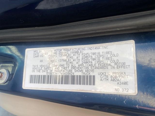2004 Blue Marlin Pearl /Gray Toyota Tundra SR5 V8 4.7 CREW CAB FLORIDA (5TBET34174S) with an 4.7L DOHC EFI 32-Valve V8 i-Force Engine engine, Automatic transmission, located at 4701 North Dixie Hwy, Pompano Beach, FL, 33064, (954) 422-2889, 26.240938, -80.123474 - OUR WEBPAGE FLORIDACARS1.COM HAS OVER 100 PHOTOS AND FREE CARFAX LINK 2004 TOYOTA TUNDRA SR5 VIN: 5TBET34174S439824 5 T B E T 3 4 1 7 4 S 4 3 9 8 2 4 4 DOOR EXTENDED CAB PICKUP 4.7L V8 F DOHC 32V GASOLINE 19 MPG REAR WHEEL DRIVE Features ABS Brakes Air Conditioning Alloy Wheels AM/FM Stereo Automati - Photo#71