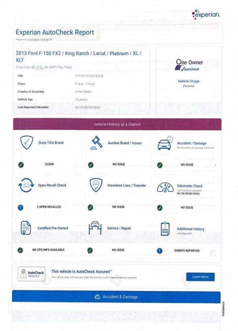 2013 Tuxedo Black Metallic /Chaparral w/Pale Adobe Interior Ford F-150 King Ranch LOW MILES 60,151 1 OWNER (1FTFW1CF6DK) with an 5.0L V8 FFV Engine engine, Automatic transmission, located at 4701 North Dixie Hwy, Pompano Beach, FL, 33064, (954) 422-2889, 26.240938, -80.123474 - OUR WEBPAGE FLORIDACARS1.COM HAS OVER 100 PHOTOS AND FREE CARFAX LINK 2013 FORD F-150 KING RANCH 1 OWNER FLORIDA SUNROOF LOADED VIN: 1FTFW1CF6DKF83375 1 F T F W 1 C F 6 D K F 8 3 3 7 5 CREW PICKUP 5.0L V8 F DOHC 32V FLEX FUEL 21 MPG REAR WHEEL DRIVE Features A/C Seat(s) ABS Brakes Air Conditioning A - Photo#1