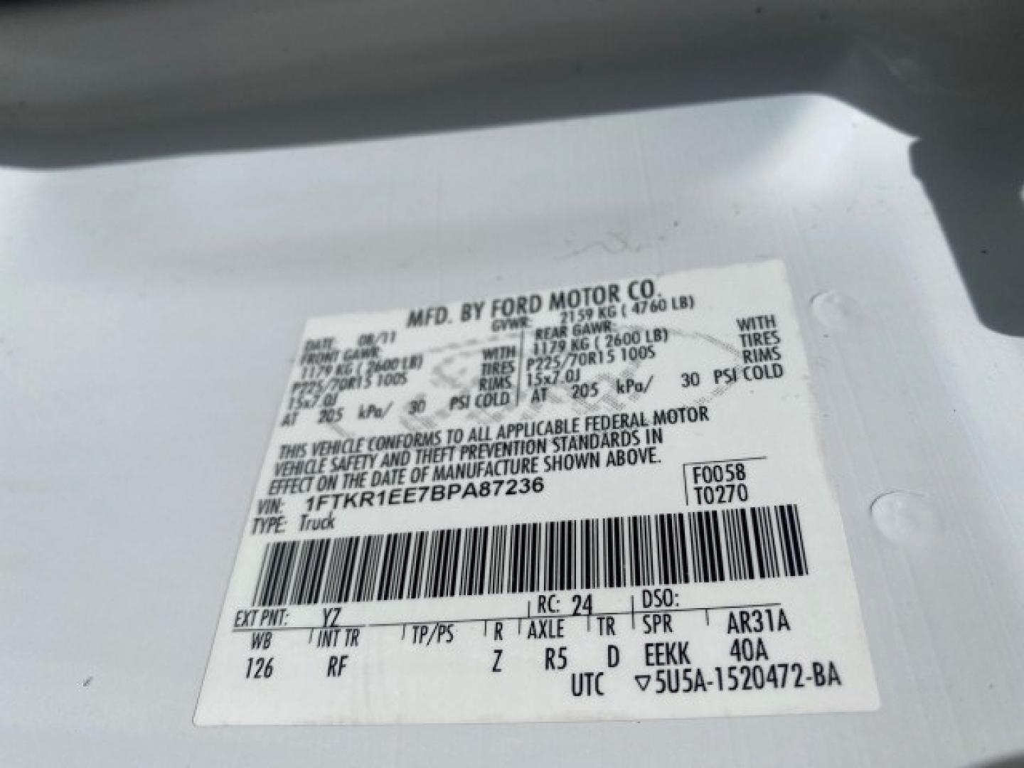 2011 Oxford White /Medium Dark Flint Ford Ranger X CAB XLT 1 OWNER FL (1FTKR1EE7BP) with an 4.0L SOHC V6 Engine engine, Automatic transmission, located at 4701 North Dixie Hwy, Pompano Beach, FL, 33064, (954) 422-2889, 26.240938, -80.123474 - OUR WEBPAGE FLORIDACARS1.COM HAS OVER 100 PHOTOS AND FREE CARFAX LINK 2011 Ford Ranger XLT 1 OWNER Club Cab Pickup 4.0L V6 F SOHC 16V Gasoline 21 MPG Rear Wheel Drive Features ABS Brakes Air Conditioning Alloy Wheels AM/FM Stereo Automatic Transmission Auxiliary Audio Input Bed Liner CD Audio Cloth- Photo#74